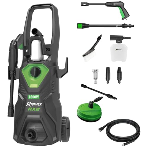 Ribimex Idropulitrice ad Alta Pressione RX2, 1600W, 130 Bar, 480 L/h, Getto Regolabile, Serbatoio Detergente 350 mL, Tubo da 5 m, Protezione IPX5, Arresto Automatico, Robusta e Versatile - PRNHP02