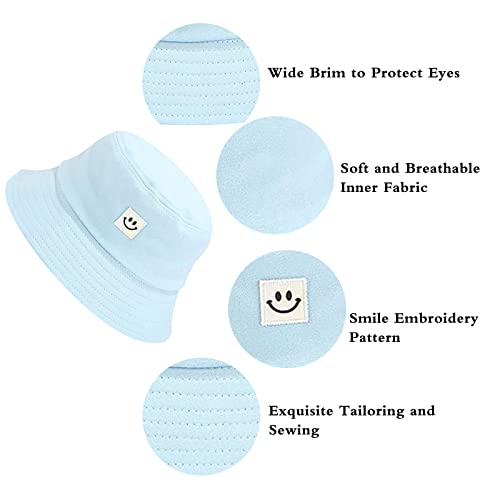 Unisex Bucket Hat Cotton Casual Sunscreen And Windproof Outdoor Lightweight Printed Travel Beach Sun Cap For Men Women (Smiley Blue) #TOP2