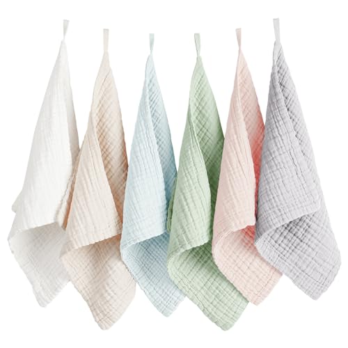 Image of Konssy 6 Pack Face Cloths, 100% Muslin Cotton Wash Cloth for Washing Face | 11 inch x 11 inch Facial Washcloths for Women, Soft & Reusable, for Sensitive Skin, Makeup Remover Cloths for Daily Cleansing