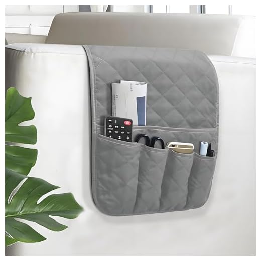 AUVCAS Sofa Armrest Organizer Non-Slip Arm Chair Bedside Storage Caddy Organizer Armchair Caddy for Recliner Couch Remote Holder with 5 Pockets for Cell Phone TV Remote Control Magazines(Grey)