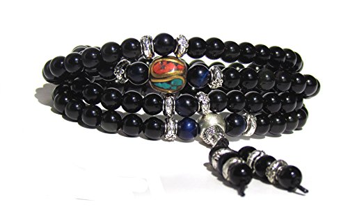 Image of Mala Beads Stretch Bracelet Black Obsidian & Tiger Stone, Buddhist Prayer Beads, Yoga Bracelets, Wear for Daily Meditation & Spiritual Growth, 6mm Meditation Beads, Unisex