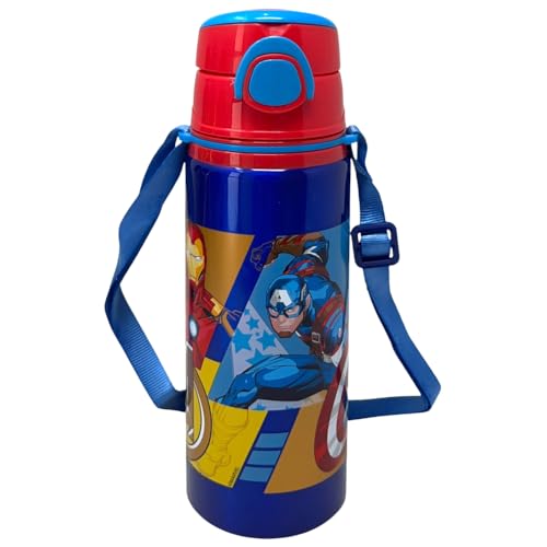 Gourde en aluminium avec paille Avengers Marvel 730 ml avec ouverture automatique pop-up pour enfants, sangle incluse