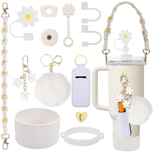 3tyto Stanley Cup Accessories Set Including 1 Pcs Water Bottle Handle Strap, 1 Pcs Siliocne Stanley Cup Boot, 1 Pcs Siliocne Straw Cover, 2 Pcs Stanley Charms for Stanley Cup 40 & 30oz Tumbler(White)