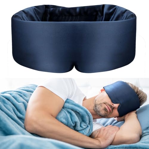 Nature Silk Sleeping Mask Soft Featherweight Eye Mask Large Wrap-Around Blindfold with Adjustable Velcro Blackout for Wild Sleeper Nose Cut (NavyBlue)