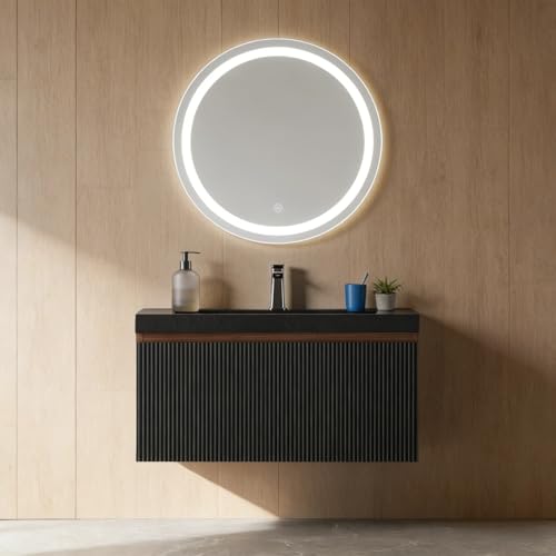 Image of 30'' Floating Bathroom Vanity with Sink, Wall-Mounted Bathroom Storage Cabinet with Soft-Close Striped Drawer & Quartz Sand Basin, Modern Smoked Walnut Body with Internal Handle, Black