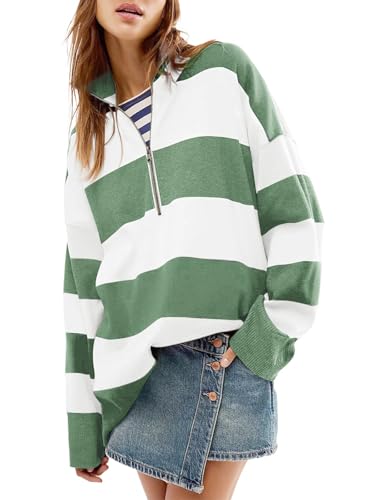 Moreone Womens Oversized Striped Sweater for Women Fall Knit Sweaters Quarter Zip Pullover Trendy Casual Tops Side Slit