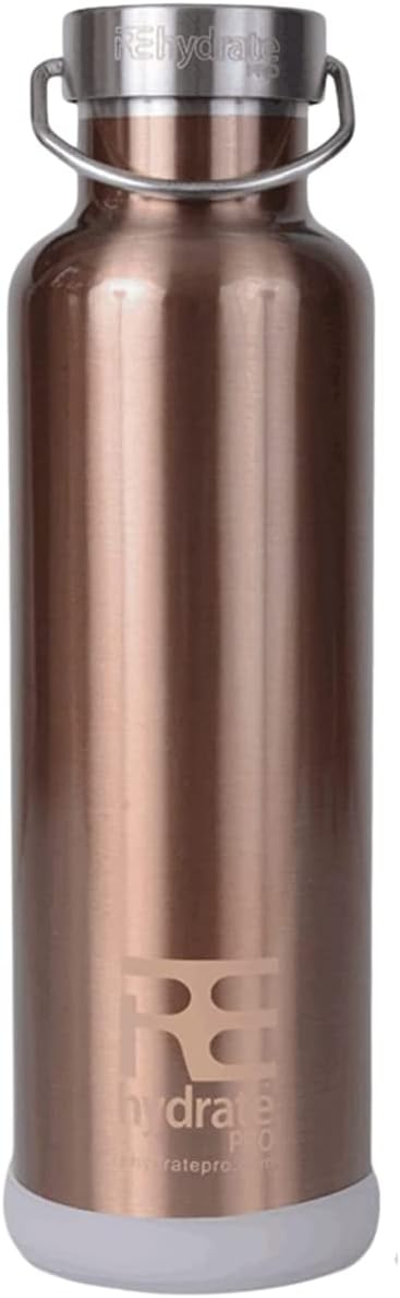 Rehydrate Pro Double Wall (750ml) Insulated Stainless Steel Water Vacuum Bottle Flask. Best, Coolest, and Hottest Drink Holder + Bonus 'Flip N Sip' Sports Cap with straw + Silicone Bumper Coaster