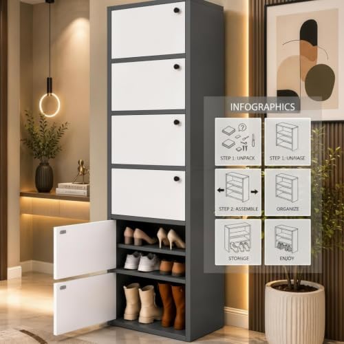 Image of EXVITO Modern Tall Shoe Cabinet, Wooden Flip Door Shoe Storage Cabinet, 4-Door Narrow Entryway Shoe Organizer with Multi-Tier Shelves, Space Saving Shoe Rack for Hallway, (Black-White, 5 Door)