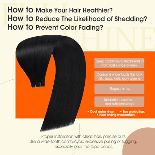 Image of Full Shine Insert Tape ins Human Hair Extensions Color 1 Black Tape in Extensions Human Hair Injection Seamless Skin Weft 22Inch Long Remy Straight 50Gram Add Length Brazilian 20Pcs
