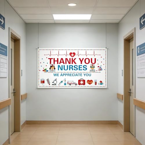 KYMY Nurses Week Backdrop Banner 70.9 x 43.3 Inch, Thank You Nurse Appreciation Decorations, Nursing Graduation Party Background for Hospital Medical Staff Celebration Nurse Appreciation Party Supplies by KYMY - Used condition - Image 4