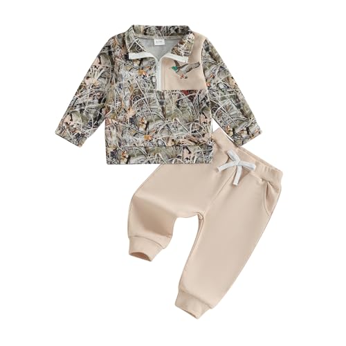 Image of VISGOGO Toddler Baby Boy Hunting Outfit Duck Half Zip Long Sleeve Sweatshirt Pants Set 2 Fall Camouflage Clothes