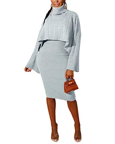 ThusFar Women's 2 Piece Sweater Dress Sets Loose Turtleneck Sweaters Shawl Poncho Cape and Bodycon Tank Midi Dresses Gray XL