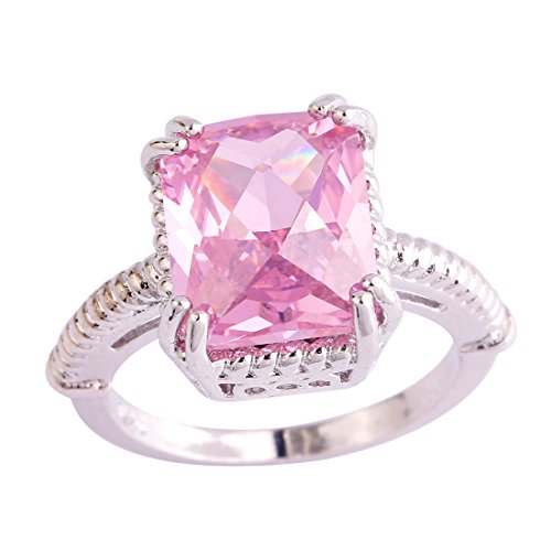 925 Sterling Silver Plated Emerald Cut Simulated Pink Topaz Milgrain Wedding Ring for Women