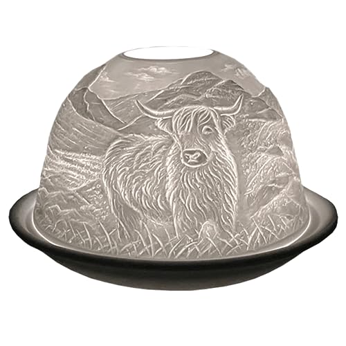 Cello Porcelain Tealight Holder Dome - Highland Cow Design with 3D Projection Image & Message Scented Unscented LED Candle Wax Warmer Animal Nature Gifts Ornament Bedroom Home Women Easter Present