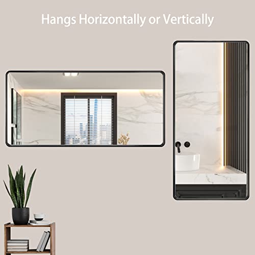 LOAAO 60X28 Inch Black Metal Framed Bathroom Mirror for Wall, Matte Black Bathroom Vanity Mirror Farmhouse, Large Rounded Rectangle Mirror, Anti-Rust, Tempered Glass, Hangs Horizontally or Vertically