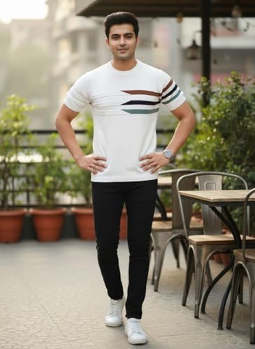 Image of Eonix Mens Regular Fit Round Neck Tshirt with Multicolored Lines Comfortable Cotton Blend Tee for Everyday Wear