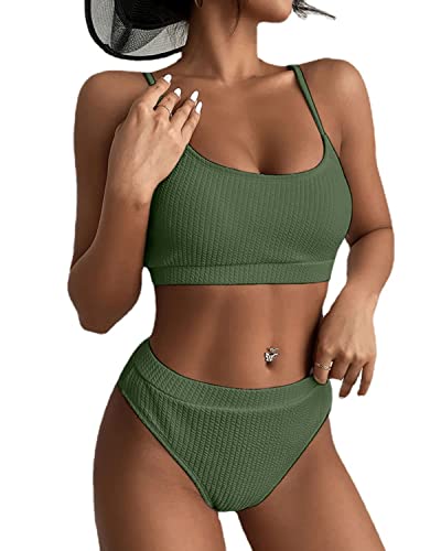 datasy Damen Bikini Set Push Up Gerippt Tanga Hohe Taille Bauchweg Zweiteiliger Badeanzug für Damen Sexy Swimsuit Strandmode Bademode Einfarbig Beachwear Badebekleidung Grün S Cover