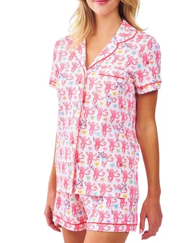 Image of Womens Y2k Preppy Pajamas Set, 2 Piece Button Down Monkey Beach Shorts Set Holiday Vacation Loungewear Pjs for Jammies Back to School Party Birthday Gifts(Be My Monkey, Small)