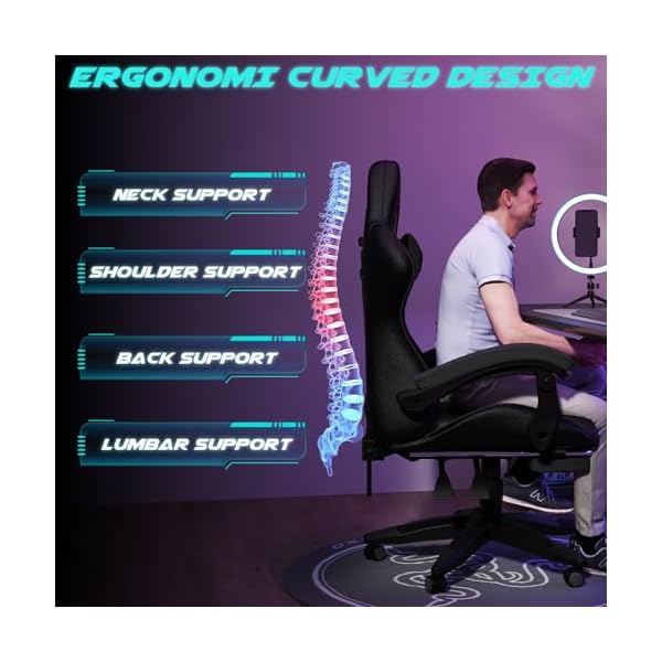 Ergonomic Gaming Chair with Footrest, Headrest, Lumbar Support, Reclining Backrest, and Adjustable Height for Adults (With Footrest, Black) - Image 5