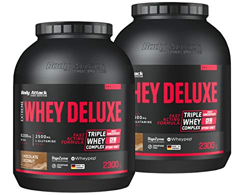 Body Attack Extreme Whey Deluxe, Chocolate Coconut, 2x2,3 kg - Made in Germany - Eiweißpulver mit Aminosäuren, Triple-Whey-Complex, CFM Whey Isolate, perfekt lösliches Protein-Pulver, fettarm, zuckerarm