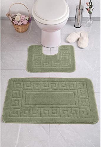 VL 2 Piece Greek Bath Mat Non Slip and Highly Absorbent Bath Mat 100% Polypropylene Washable Pedestal Bathroom Mat Rug (GREEN)