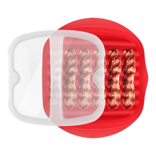 Microwave Bacon Cooker Tray Microwavable Bacon Grill with Splatter Lid Bacons Cooker Maker for Cooking Kitchen Gadget(COLOR:red)