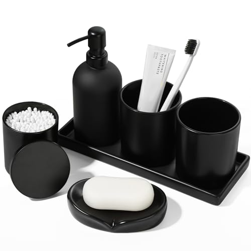 GMISUN Black Bathroom Accessories Set, 6PCS Matte Black Bathroom Accessory Sets Complete, Glass Bathroom Soap Dispenser and Toothbrush Holder Set with Ceramic Tray, Modern Bathroom Counter Sink Decor
