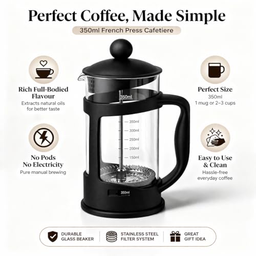 Image of GLOW Classic Continental 350ml Black Cafetiere - Premium Manual 1 Cup French Press Coffee Maker with Toughened Shockproof Glass Pot and Plunger Filter for Ground Beans Espresso Tea