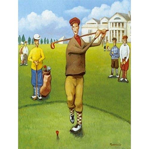 The First Tee by David Marrocco 18x24 Art Print Poster Abstract Figurative Sports Poster Golf Teeing Off Club House in the Background