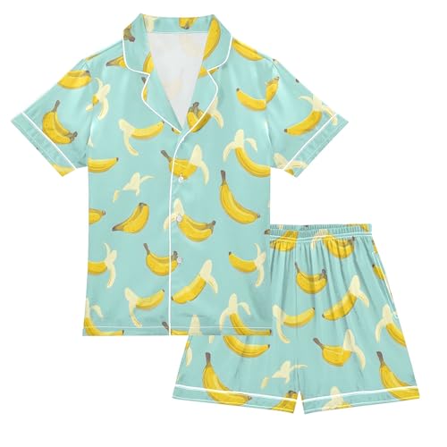 Delicious Cute Banana Summer Satin Pajama Set, Cute Button-Down Sleepwear Pj Set for Sleep Wears