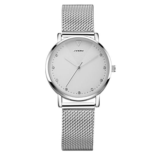 Alienwork Armbanduhr Damen Silber Metall Mesh Armband Edelstahl Weiss Strass-Steinen Glitzer Elegant