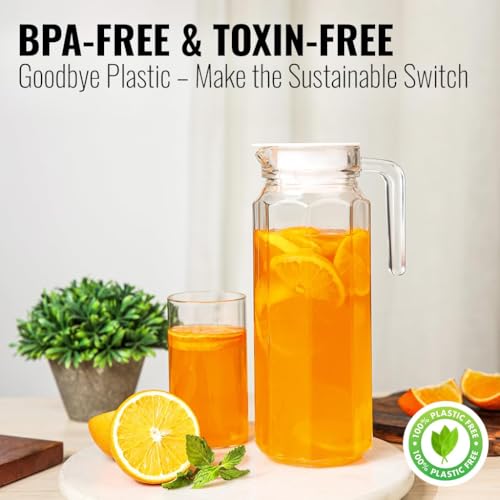 Image of Water Jug - Detox Glass Jugs with Lid for Dining Table - Elegant 1100 ml Transparent Pitcher for Juice, Iced Tea, Infused Water, Milk, Lemonade, Hot & Cold Beverages, Lumo