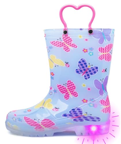 Image of Outee Toddler Girls Rain Boots Little Kids Baby child Light Up Waterproof Rubber LED Shoes Printed Mud Lightweight Adorable with Easy-On Handles Non Slip Sole Pink Blue Butterfly Size 10