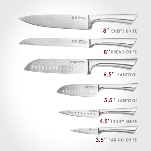 Image of Cuisine::pro Damashiro Knife Block (Kumi, 7-Piece Chef Knife Set) - Japanese Steel Knife - Magnetic Knife Block- Damascus-Inspired Blade Kitchen Knives