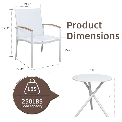 Image of Shintenchi 3 Pieces Patio Bistro Sets, Outdoor Textilene Fabric Conversation Bistro Set, Textilene Fabric Front Porch Chairs Small Patio Furniture Set with Table for Lawn,Garden,Balcony (White)
