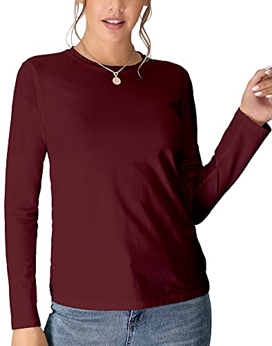 MANGDIUP Tshirts for Women Classic Crewneck Long Sleeve Fit Basic Breathable Stretch Cotton Tee Tops Blouse (Burgundy, Small)