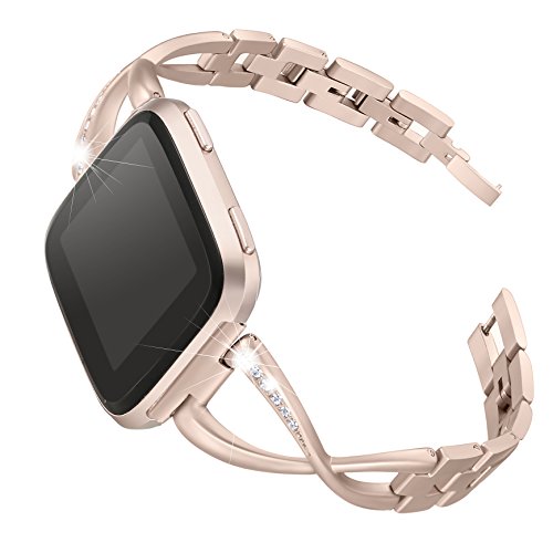 bayite Stainless Steel Bands Compatible with with Fitbit Versa/Versa 2 for Women, Bling Replacement Band Bracelet with Rhinestones Diamond X-Link Accessories Watch Band, 5.3