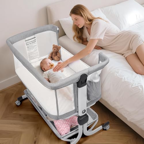 Image of MOMFANN Baby Bassinet Bedside Sleeper, Upgraded Stability Bedside Crib with Full Mesh Sides, Soft Sheet, 6-Height Adjustment, Storage Basket, Easy Folding Portable Bassinet for Newborns, Gray