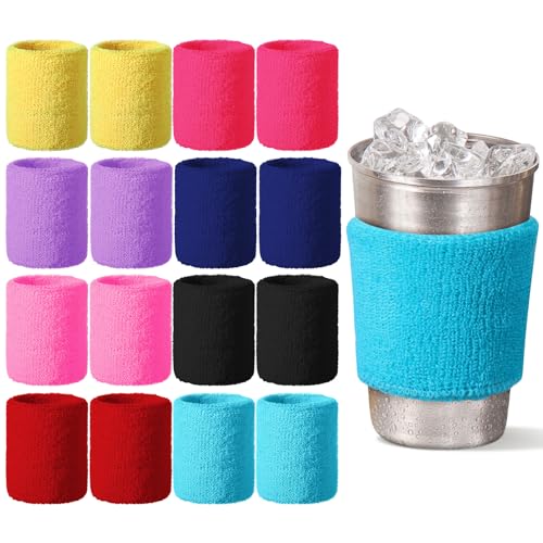 Newtay 16 Pcs Terry Tumbler Covers Retro Terry Covers, Reusable Beverage Drink Covers, Cup Sleeves for Cold Drinks Glasses Coffee Cups, 50's Party Favor, Absorb Condensation, 8 Colors