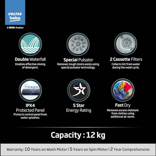Image of Voltas Beko, A Tata Product 12 Kg 5 Star Semi-Automatic Top Load Washing Machine (WTT120UPA /BL5KPTD, Blue, Special pulsator and Double waterfall Technology)