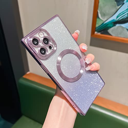 Image of for Square iPhone 12 Pro Max Case Glitter Magnetic Work with MagSafe Full Camera Lens Protection Luxury Plating Cute Bling Clear Shockproof Slim Phone Case for Women Girls (Light Purple)