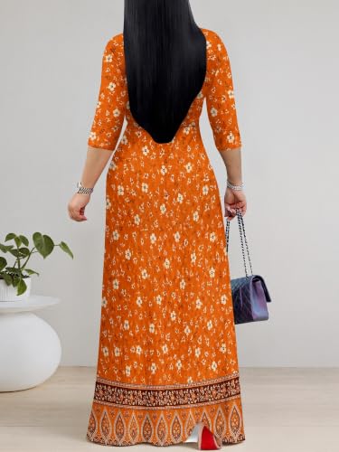 Image of PinkPatty Women's Plus Size Maxi Dresses Casual Flowy 3 /4 Sleeves Dress Printed Vacation Dress for Daily Wear with Belt