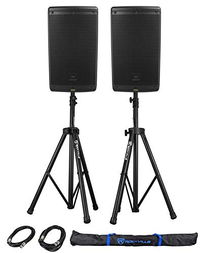 2) JBL EON610 10" 2000 Watt Powered DJ PA Speakers w/Bluetooth+Stands+Cables+Bag