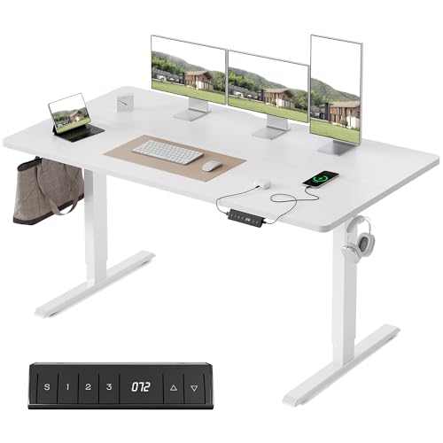 FEZIBO Höhenverstellbarer Schreibtisch mit USB-A und USB-C-Ladeanschlüssen, 140 x 70 cm Steh-Sitz...