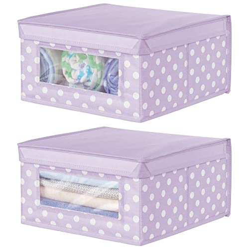 Image of mDesign Medium Soft Stackable Fabric Baby Nursery Storage Organizer Holder Bin Box with Front Window and Lid for Child/Kids Bedroom, Playroom, Classroom - 2 Pack, Light Wisteria Purple/White Polka Dot