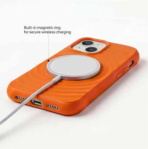 Image of amazon basics Shockproof Case for iPhone 15 Plus | Ripple Pattern | Camera Protection | Protective Cover with Enhanced Grip & Wireless Charging Support - Orange