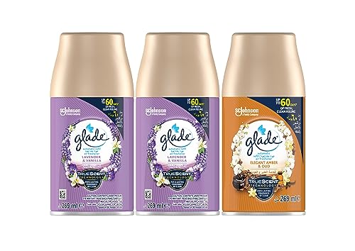 Glade Automatic Air Freshener Refill Spray 2 x Lavender Vanilla & 1 x Amber Oud Odour Eliminator Room Fragrance Refill Up To 60 Days of Freshness 269ml (Pack of 3)