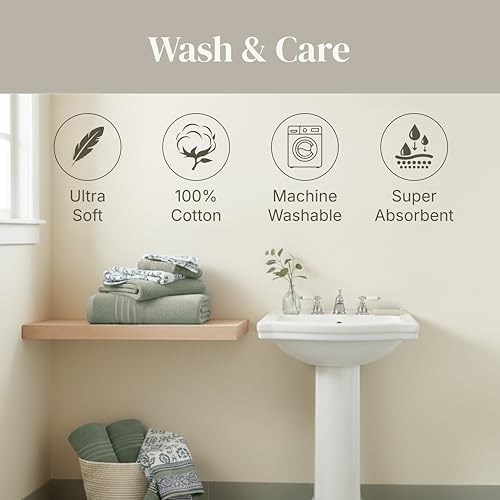 Image of Modern Threads 6 Piece Bath Towel Set - Bathroom Set with 2 Bath Towels, 2 Hand Towels, and 2 Wash Cloths - 100% Cotton, Super Absorbent & Extra Soft - Reversible Floral Trail (Sage Green)