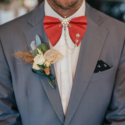 Image of Oversized Bow Ties for Men, Adjustable Bow Tie Pre-tied Bowties Pearl Decoration Bowtie for Tuxedo Wedding Party Prom