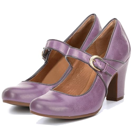 Image of SHODENSE Women Vintage Chunky High Heel Mary Jane Shoes Round Closed Toe Ankle Strap Dress Sandals 3 inch Block Heels Mary Jane Lolita Pumps Two-Toned Patchwork Buckle Office Lady Wedding Retro 4-11 M US